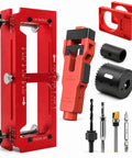 Complete Door Hinge Jig And Lock Installation Kit With Reliable Mortise Guiding Tray For Flawless Cabinet Work And Honestly No Sweat Weekend Builds, includes red jig and drill bits.