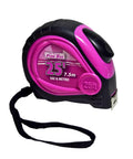 Pink 25 Foot Auto Lock Tape Measure With Easy To Read 1/8 Inch Markings, 16 Inch On Center, nylon coated matte finish, belt clip.