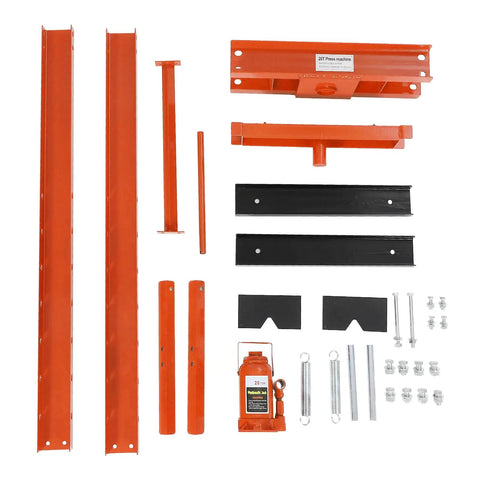 20 Ton Hydraulic H-Frame Shop Press For Home Garage And Pro Shops, components laid out with 20-ton jack and steel frame parts