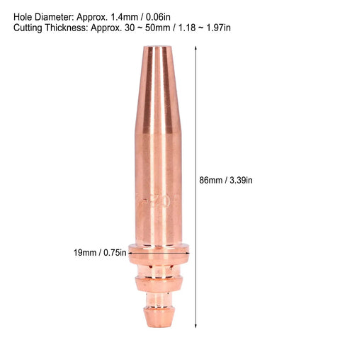 Five Pack Acetylene Cutting Tips G02 2 For Metal Cutting With Separate Gas Inlets Torch Nozzle, copper, dimensions labeled