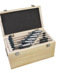 Six Pack Outside Micrometer Set 0 To 6 Inches With 0.0001 Inch Precision in wooden padded case, featuring satin chrome finish.