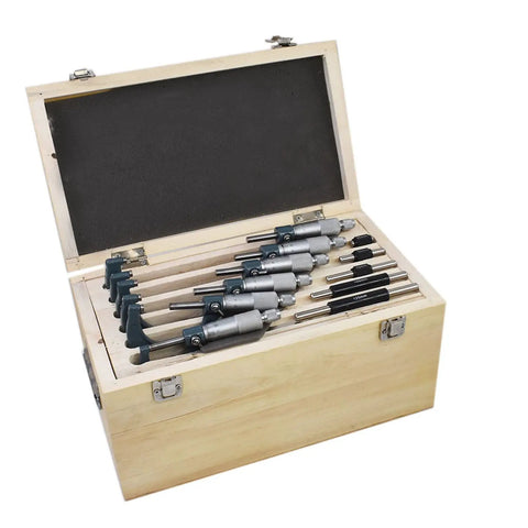 Six Pack Outside Micrometer Set 0 To 6 Inches With 0.0001 Inch Precision in wooden padded case, featuring satin chrome finish.