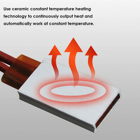 Front view of PTC heating element plate with aluminum shell and white ceramic plate; two red wires
