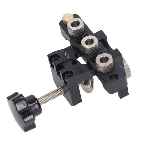 Rock Solid 3 In 1 Pocket Hole Jig Kit And Doweling Guide with anodized aluminum, showing adjustable placement and selection knobs.