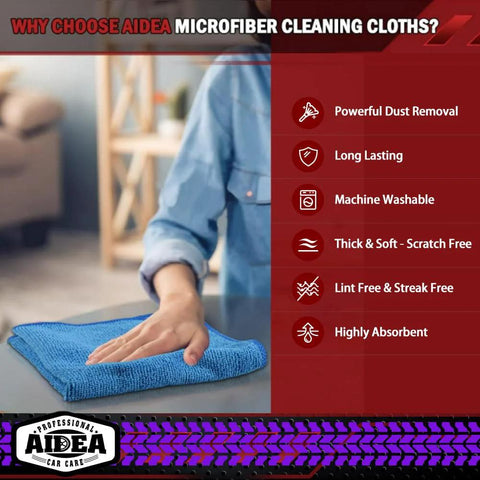 Front view: blue AIDEA microfiber cleaning cloth (12x12) being wiped across a car surface.