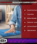 Person using blue microfiber cloth on table, featuring AIDEA logo and benefits of dust removal, absorbency, and durability.