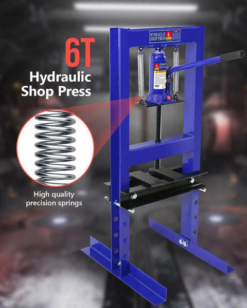 Beast 6 Ton Hydraulic Shop Press With Adjustable Height And H Frame Bearing And U Joint Adapter Heavy Duty Metalworking Tool For Auto Repairs Bending Straightening Installations And Press Fits blue steel H-frame 6T hydraulic shop press with springs