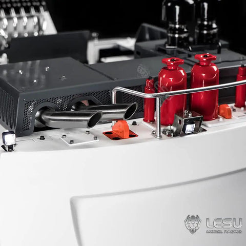 Rock This Legit Red Metal Fire Extinguisher For 1/14 Scale RC Hydraulic Excavator Loader Bulldozer Diy Model Kits mounted near exhaust.