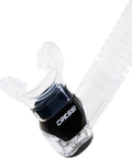 Close-up of ergonomic soft silicone mouthpiece of Itaca Ultra Dry Snorkel With Patented Dry Guard showing reduced bite comfort.