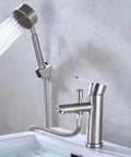304 Stainless Steel Faucet Basin Cold Heat Nozzle Shower Pull Spray with dual-handle design in modern bathroom setting.