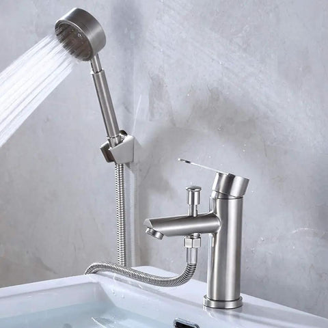 304 Stainless Steel Faucet Basin Cold Heat Nozzle Shower Pull Spray with dual-handle design in modern bathroom setting.