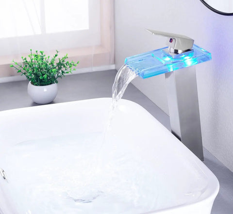 LED Waterfall Bathroom Sink Faucet With Open Glass Spout Tall Vessel Sink Tap Single Handle 1 Hole Mount Two Water Supply Lines Brass Construction