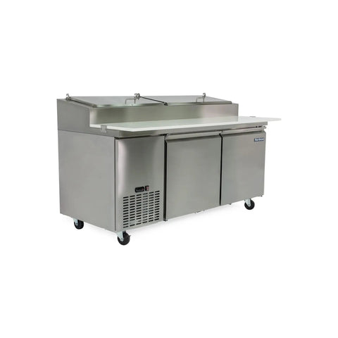 Heavy Duty 16 Cu Ft Two Door Commercial Prep Table Refrigerator In Crisp Stainless Steel with two open food pans and a cutting board.