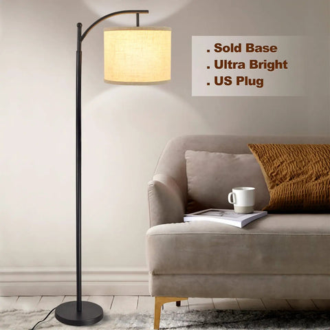 Arc Floor Lamp With Lantern Shade For Farmhouse Style Living Room And Bedroom displayed beside a sofa, black finish, easy assembly.