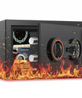 Compact Fireproof Safe For Home And Office With Alarm System, LED Sensor Light, open showing jewelry and documents, black