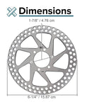 Front Brake Disc Rotor For Razor MX500 MX650 Electric Dirt Bikes Six And One Quarter Inch Outside Diameter 159mm Six Mounting Holes Heavy Duty Front Rotor For Dirt Rocket Brakes with dimensions shown 6.25 inch OD, 1.875 inch mounting circle.