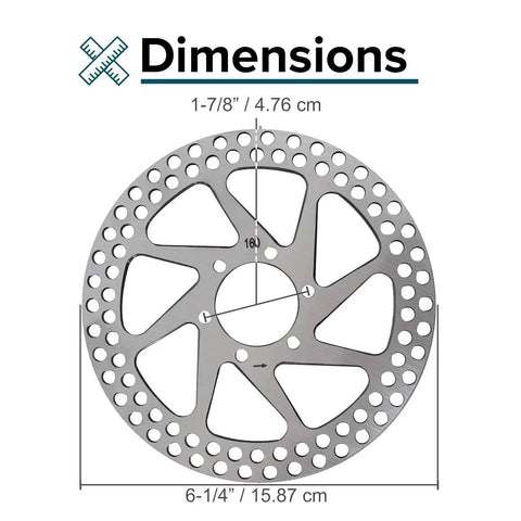 Front Brake Disc Rotor For Razor MX500 MX650 Electric Dirt Bikes Six And One Quarter Inch Outside Diameter 159mm Six Mounting Holes Heavy Duty Front Rotor For Dirt Rocket Brakes with dimensions shown 6.25 inch OD, 1.875 inch mounting circle.
