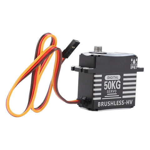 Bad Boy Brushless Digital Servo Featuring Legit Rock Solid Metal Gears And Knockout Torsion Power, showing 50KG unit with waterproof rating.