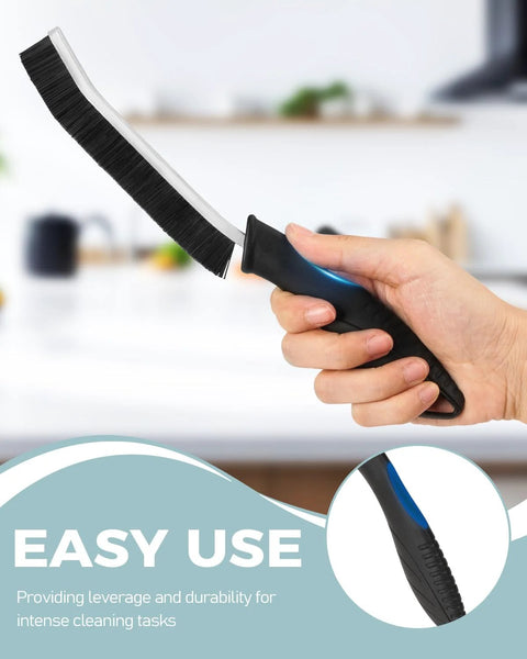 Crevice grout scrub brush with curved head, stiff black bristles, black handle with blue accent