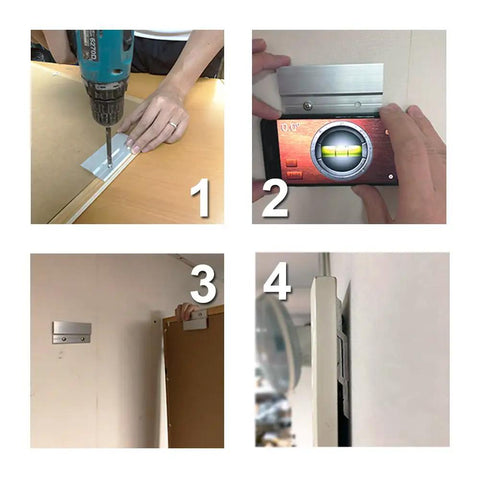 Installation steps showing Heavy Duty 4 Inch French Cleat Picture Hangers Hardware Kit with Z Bar clips for mirror and cabinet.