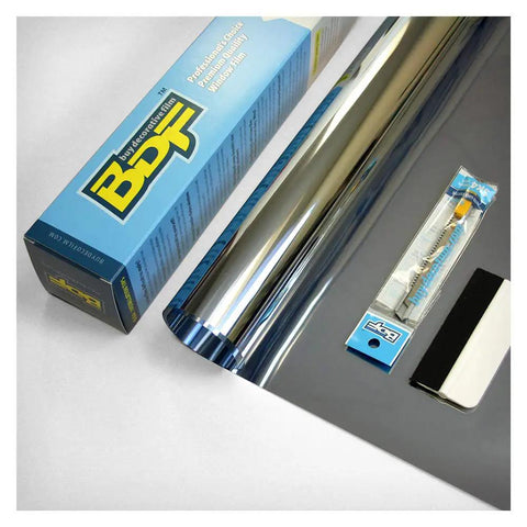 Alt Tag: Very Dark Daytime Privacy Window Film With Heat Control Mirror Silver Tint Extra Reflective Silver Shade 36 Inch By 12 Foot Roll Ideal For Homes Offices And Cars product with packaging and installation tool