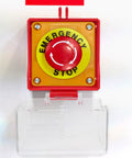 Emergency Stop Switch Cover Transparent Push Button Protector For Quick Power Cutoff And Electrical Safety Guard Easy Status Monitoring No Nonsense Durable Shield For Enclosures 3.85 By 3.85 By 2.44 Inches, clear cover open, showing emergency stop button underneath.
