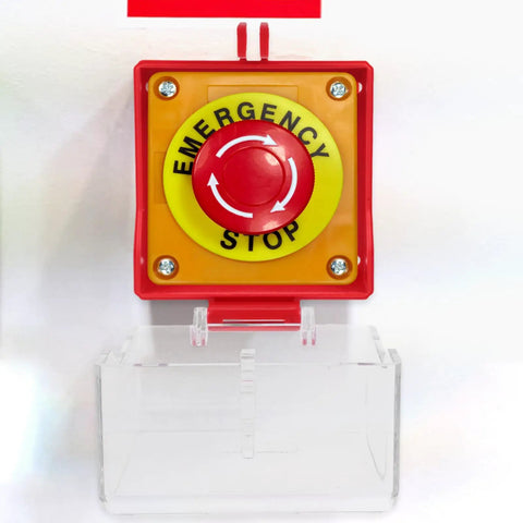Emergency Stop Switch Cover Transparent Push Button Protector For Quick Power Cutoff And Electrical Safety Guard Easy Status Monitoring No Nonsense Durable Shield For Enclosures 3.85 By 3.85 By 2.44 Inches, clear cover open, showing emergency stop button underneath.
