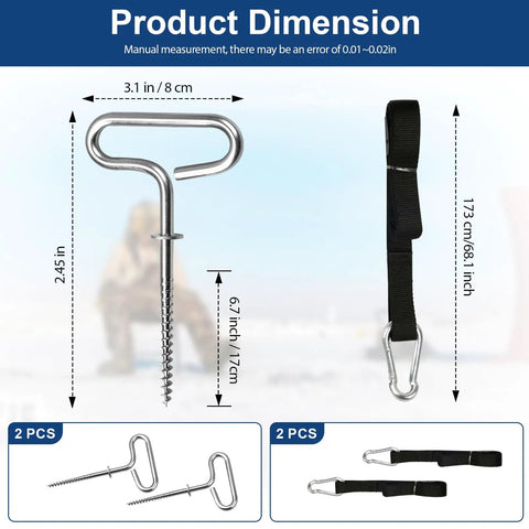 Beefy Heavy Duty Ice Fishing Shelter Tie Down Kit 24260 ice anchor and strap dimensions for QuickFish and Clam tents