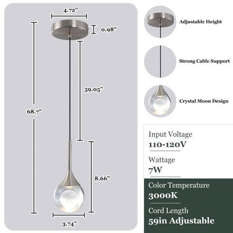MKonpeny Modern Crystal Moon Pendant Light, 3000K 7W Led Pendant Light Kitchen Island, dimensions and design details.