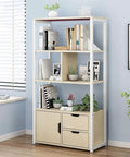 Five Tier Industrial Bookcase Walnut Storage Rack With Hefty Open Shelves For Books Vinyl And Keepsakes in a light room.