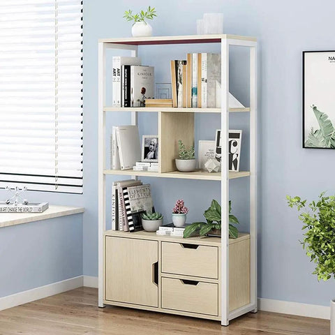 Five Tier Industrial Bookcase Walnut Storage Rack With Hefty Open Shelves For Books Vinyl And Keepsakes in a light room.