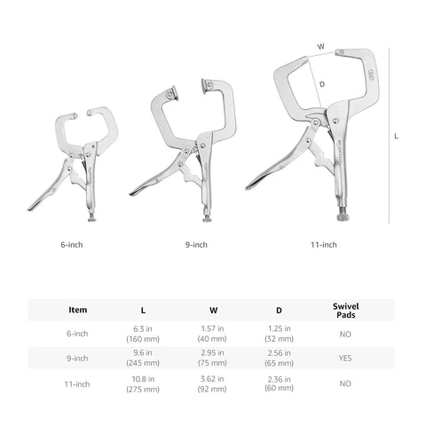 Three Piece C Clamp Locking Pliers Set With 6 Inch, 9 Inch And 11 Inch Jaws, Beefy Grip And Rust Resistant Nickel Plated Alloy Steel Construction