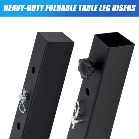 Heavy Duty Four Pack Square Table Leg Extenders Providing Three Adjustable Height Settings From Two To Six Inches For Easy Tool Free Folding Table Mods. Two black metal risers displayed.