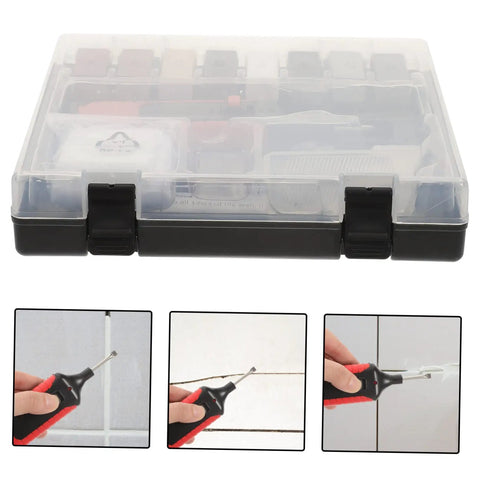 Tile Repair Kit For Porcelain And Marble Color Wax Blocks with tools in a clear case and usage on tile surfaces