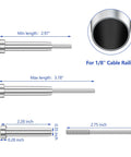 Invisible Cable Railing Kit For 2x2 And 4x4 Posts With Swage Tensioner; detailed dimensions of stainless steel components for 1/8" cable railing.
