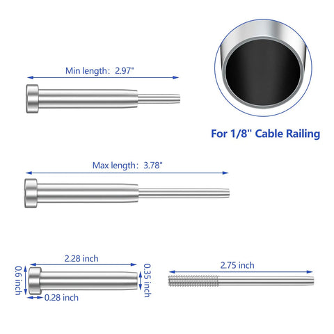 Invisible Cable Railing Kit For 2x2 And 4x4 Posts With Swage Tensioner; detailed dimensions of stainless steel components for 1/8" cable railing.
