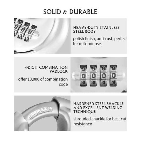 Features of Heavy Duty Stainless Steel Discus Padlock with 4-Digit Combination, 2-3/4 Inch Wide Body and 3/8 Inch Shackle
