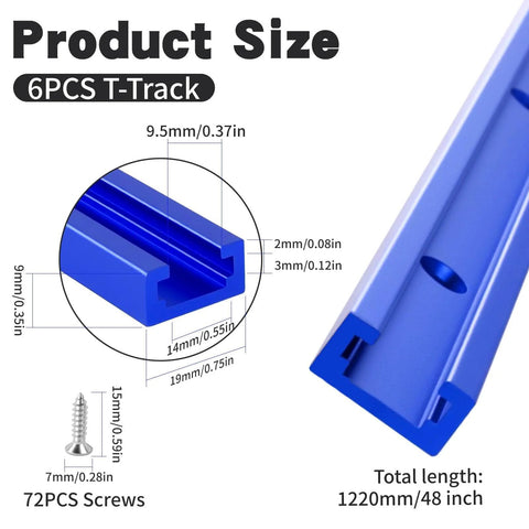 Close-up view of Blue 48 Inch Aluminum T Track Set For Woodworking Six Pack With Predrilled Mounting Holes And Seventy Two Screws