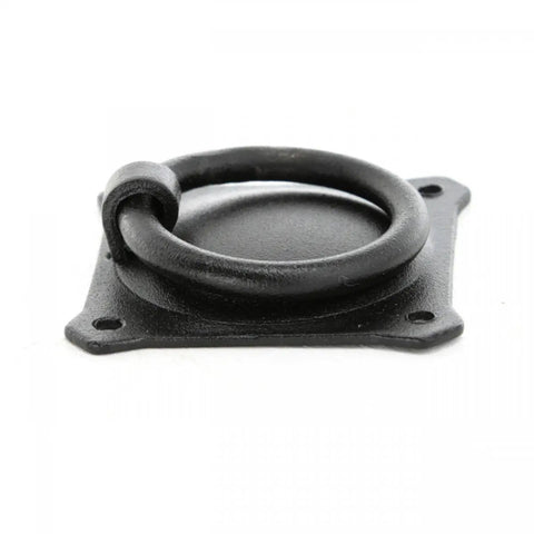 Premium Mission Style Wrought Iron Cabinet Ring Pull 2 Inch Antique Drop Handle on square plate with matte black finish.