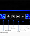 Digital camera gear dry box cabinet LCD screen showing settings and humidity levels for lens protection.