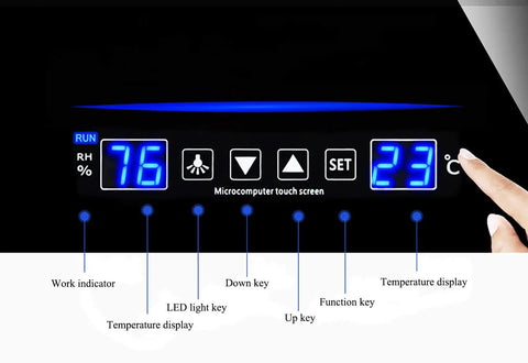Digital camera gear dry box cabinet LCD screen showing settings and humidity levels for lens protection.