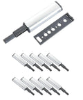Ten Pack 304 Stainless Steel Magnetic Push Latch Locks With Soft Close for Cabinet Doors, silver color, plastic and metal.