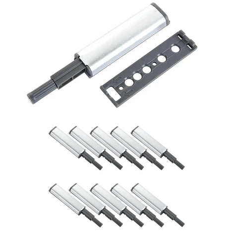 Ten Pack 304 Stainless Steel Magnetic Push Latch Locks With Soft Close for Cabinet Doors, silver color, plastic and metal.
