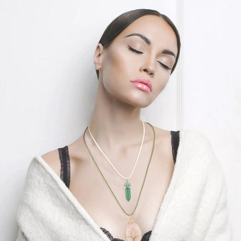 Model wearing layered necklaces with 100 Piece Waxed Leather Necklace Cords With Clasps, Earth Tone Colors, shown on neck.