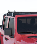 Heavy Duty Black Roof Rack Crossbars For Jeep Wrangler JK JL Gladiator JT Hardtops mounted on a red vehicle roof.
