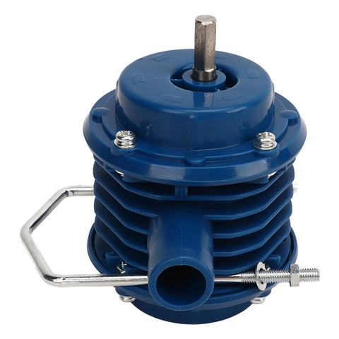 Mini Self Priming Hand Drill Water Transfer Pump Constructed From Tough As Nails Engineering Plastic showing blue housing and connection.