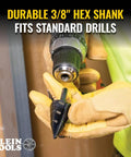 Person holding Ultimate Step Drill Bit Set For 7/8 To 1-3/8 Inch Holes With Double Fluted Design, Easy Read Step Markings, 3/8 Inch Hex Shank.