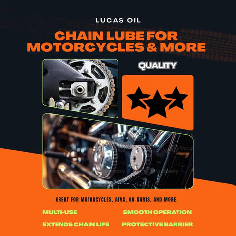 Heavy Duty Chain Lube 6 Pack 11 Oz Cans Fast Drying Zero Mess Formula For Motorcycle And Atv O Ring Roller Chains Gears Drive Systems Runs Like Butter Rust Busting Built Tough For Real Dirt Roads close-up of motorcycle chain and gears, showcasing lubricated components.