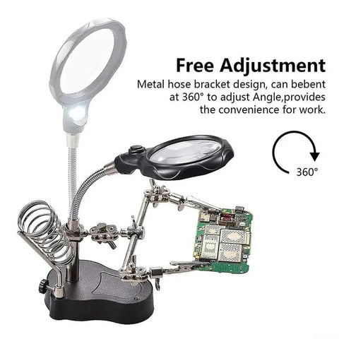 Desktop LED Magnifying Glass Soldering Station With Dual 3.5X And 12X Magnification Ideal For PCB Repairs Jewelry Cleaning And Hobby Crafts Bright Lighting And Sturdy Alligator Clips in use with electronic circuit board