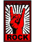 Front view of Xanovir music tin sign, 8x12 in: red hand rock gesture with Tune Up Turn Loud and bold ROCK